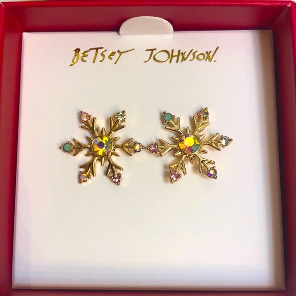Betsey Johnson Gold Tone Snowflake Stud Earrings Crystal Accents NIB - Picture 5 of 11